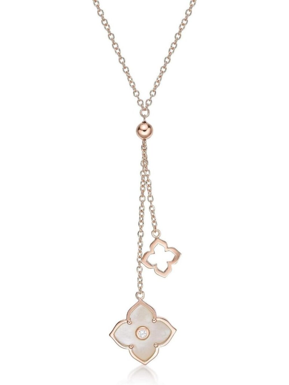 Elegant Double Flower Pendant Necklace - Malachite, Onyx, Pearl & CZ - Gold